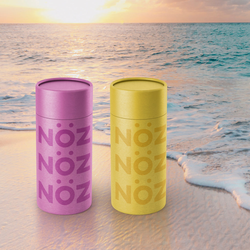 Nöz sticks sunscreen, colors purple and yellow hanging out on the beach by the sea. 